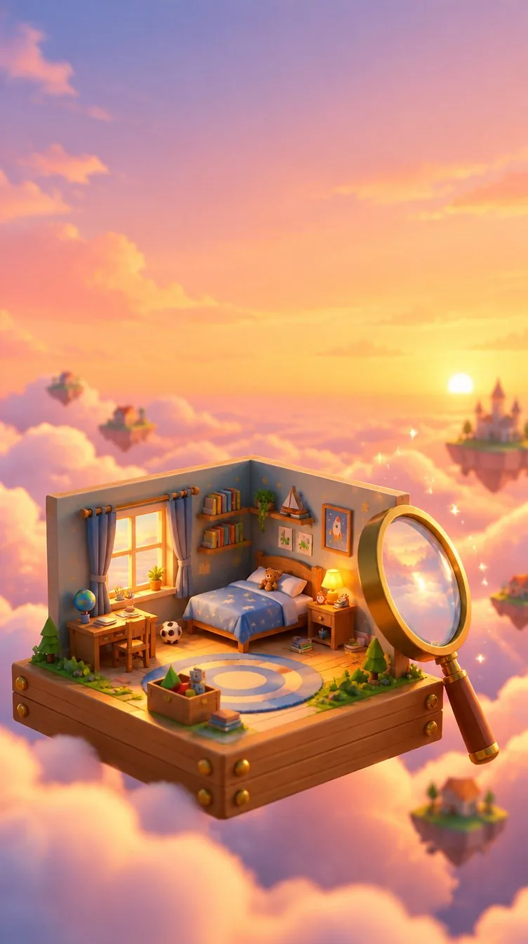 A miniature bedroom diorama floating above sunset clouds, with a large magnifying glass