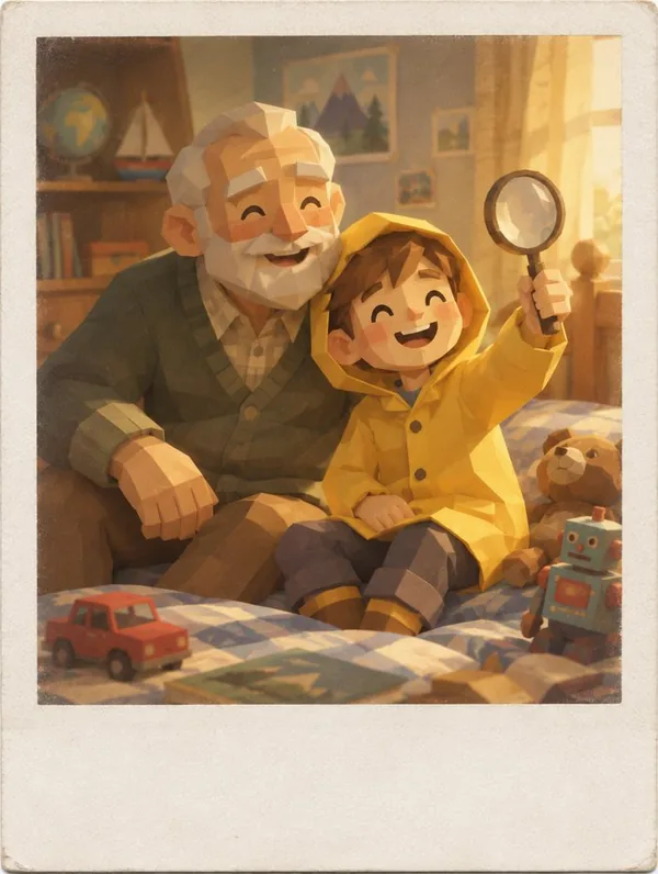 A memory card showing Milo and his grandfather laughing together