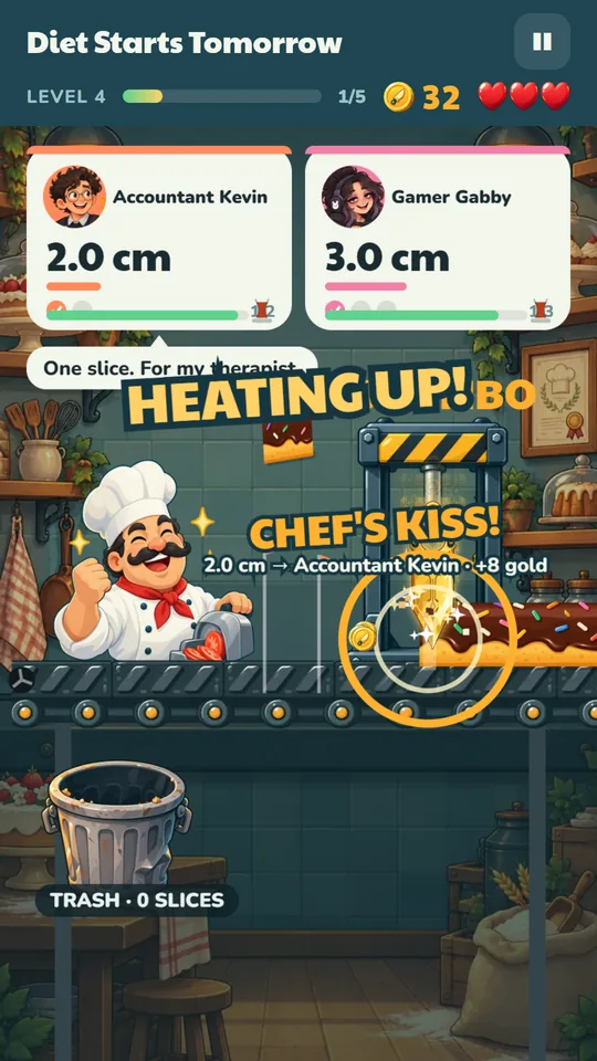 A perfect 2.0 cm slice flies to Accountant Kevin for a Chef&rsquo;s Kiss and 8 gold