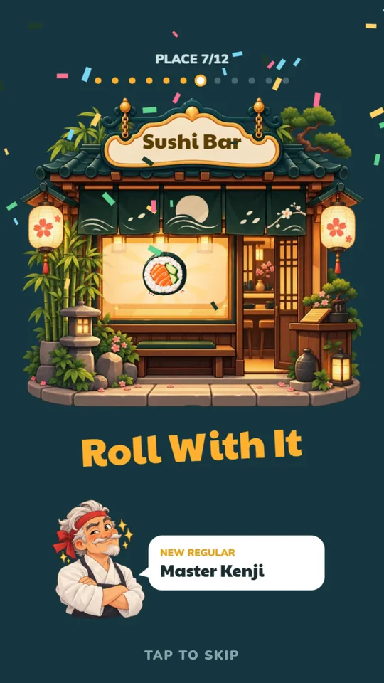 A new place opens: the Sushi Bar, place 7 of 12, with a new regular, Master Kenji