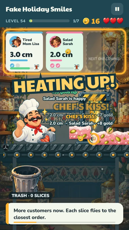 Level 54: more customers at once, each waiting for a slice of a different size