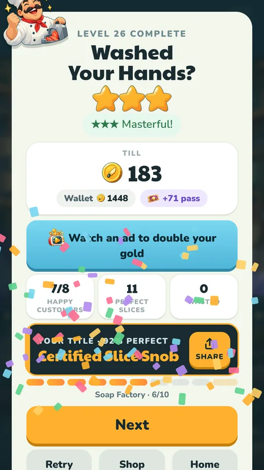 A level complete with three stars and a shareable title card: Certified Slice Snob