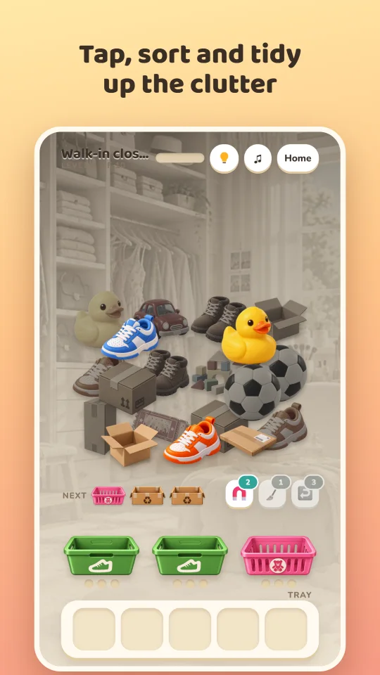 A level: tap shoes, toys and boxes into their matching baskets