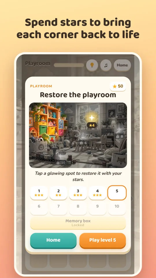 Restoring the playroom by spending stars on glowing spots